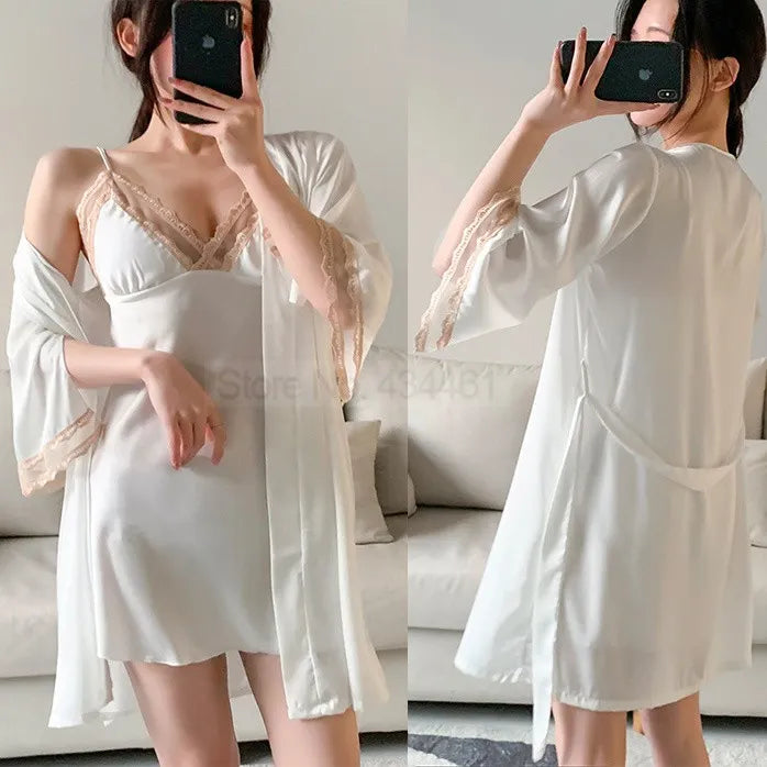 Satin Robe Set Sexy Female Sleepwear Summer Kimono Bathrobe Lace Trim Bride Bridesmaid Dressing Gown Casual Nightgown