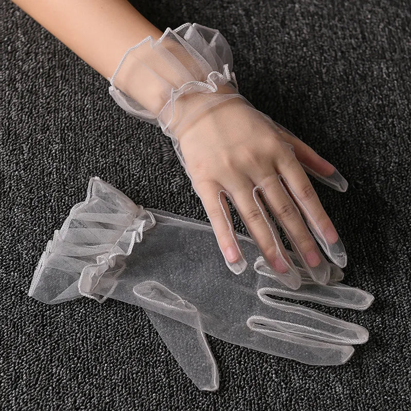 Retro Spring Summer Women Short Tulle Gloves White Black Wedding Gloves Stretchy Lace Full Finger Mittens Mesh Translucent Glove