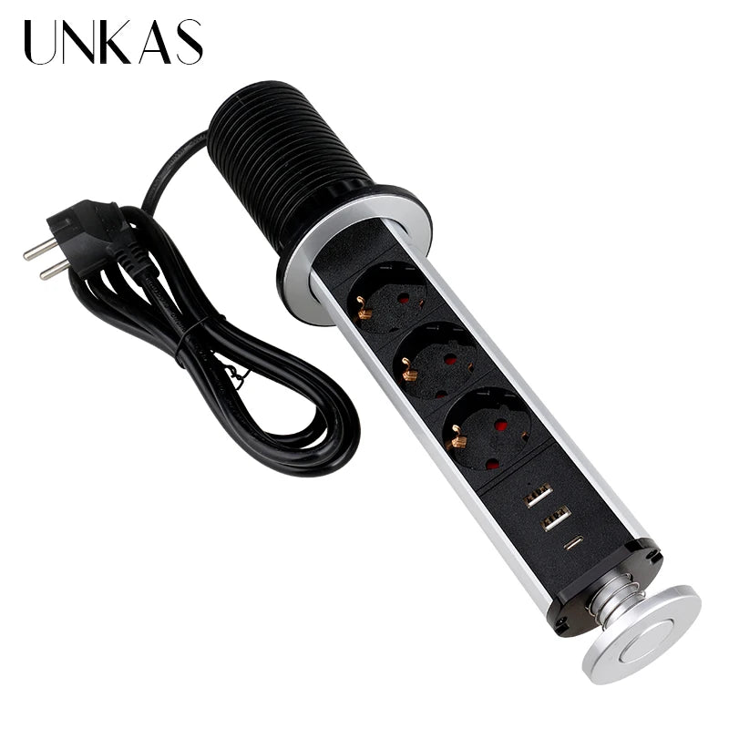 UNKAS New Type C Port PULL POP UP 3 Power EU Socket Silver Black Kitchen Table Desktop Plug Floor Socket