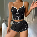 Women's Heart Print Pajama Set Cross-Back Cami Top & Ribbed Fabric Shorts Comfy Knit Sleepwear V-Neck Top Semi-Sheer Short Pants