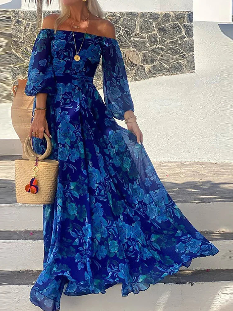 Three Quarter Lantern Sleeve Elegant Party Dress, Women Spring Summer Slash Neck Maxi Dress, New Printing Patchwork Ladies Dress