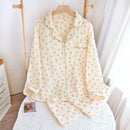 Spring New Ladies Pajamas Set Heart Printed Crepe Cotton Double-layer Gauze Turn-down Collar Long-sleeve Trousers Household Wear