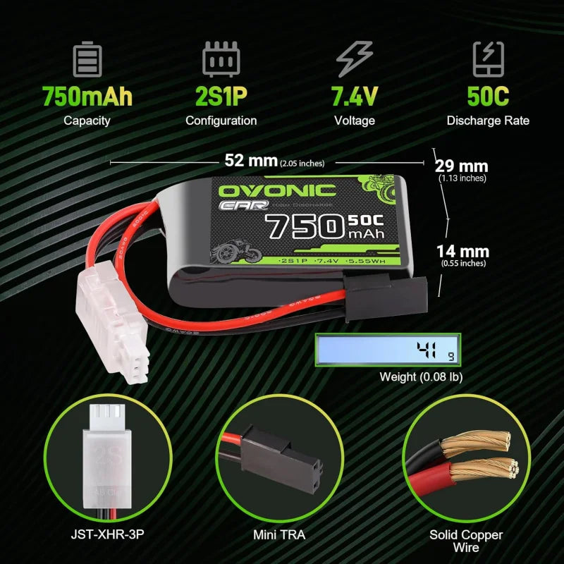 OVONIC 2S Lipo 750mAh 7.4V 50C Lipo Battery with XT60 to TR Connector[2.1" D x 1.1" W x 0.6" H][1 Package Including