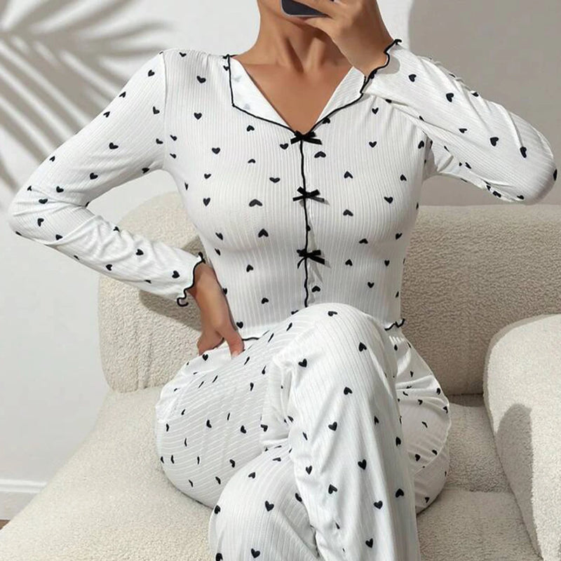 Women's Loungewear  Sets Heart Print Cami Tops Bow lapel Long sleeved and Elastic Waist Pants Sleepwear Spring Summer Pajamas