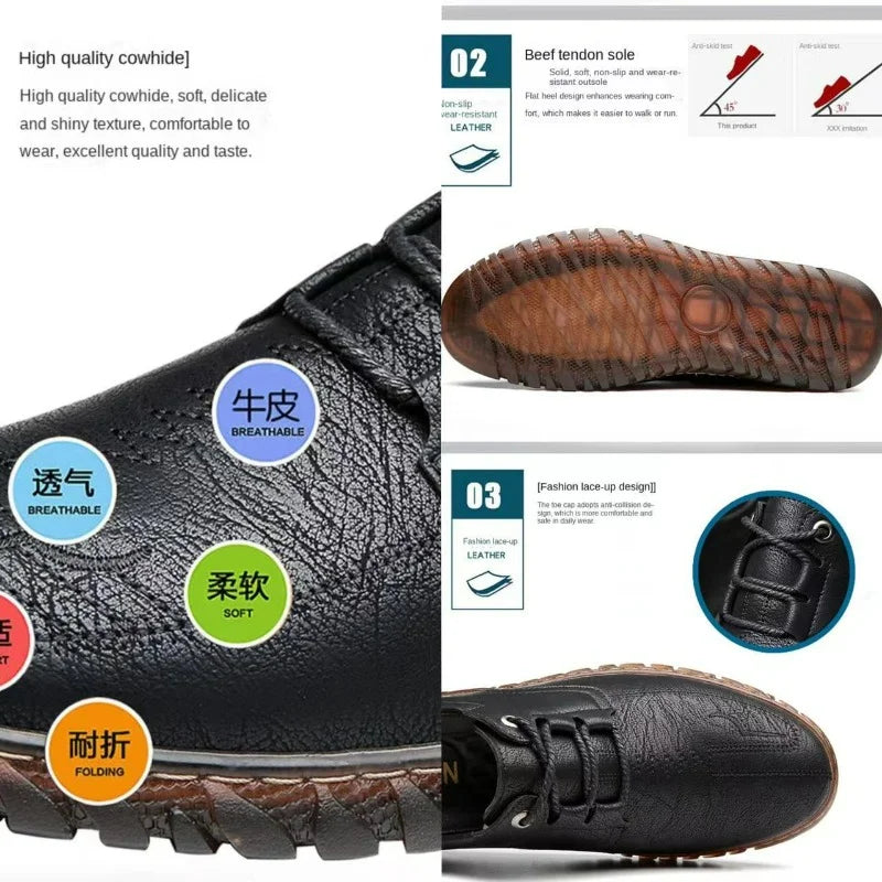 Men Casual Leather Shoes Breathable Men's Cowhide Flats Solid Color Loafers Lace-up Original Sneaker for Men Cow Mocasines