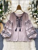 Women's Bohemia Blouse Embroidered Autumn Spring O-neck Collar Bow Tie Lantern Sleeve Top Blusas Mujer Female Tops BL020