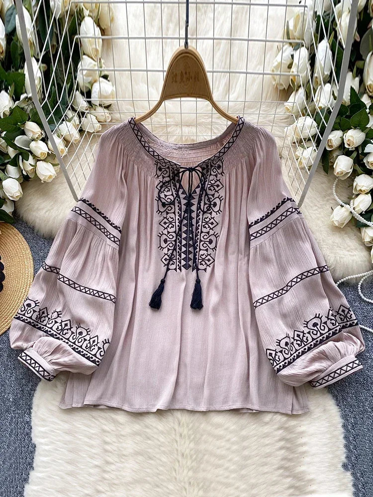 Women's Bohemia Blouse Embroidered Autumn Spring O-neck Collar Bow Tie Lantern Sleeve Top Blusas Mujer Female Tops BL020