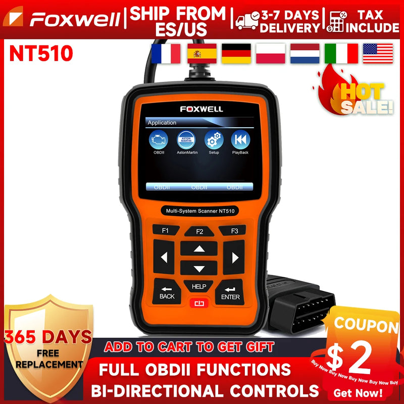 FOXWELL NT510 Elite OBD2 Scanner All System SAS DPF BRT Multi Reset Bi-Directional Test Auto Car Diagnostic Tool