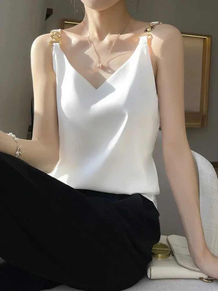 Wide Shoulder Straps Satin Sleeveless Women's T-shirt Fashion White V-neck Acetate Tank Top Temperament Elegant 2024 Summer Top