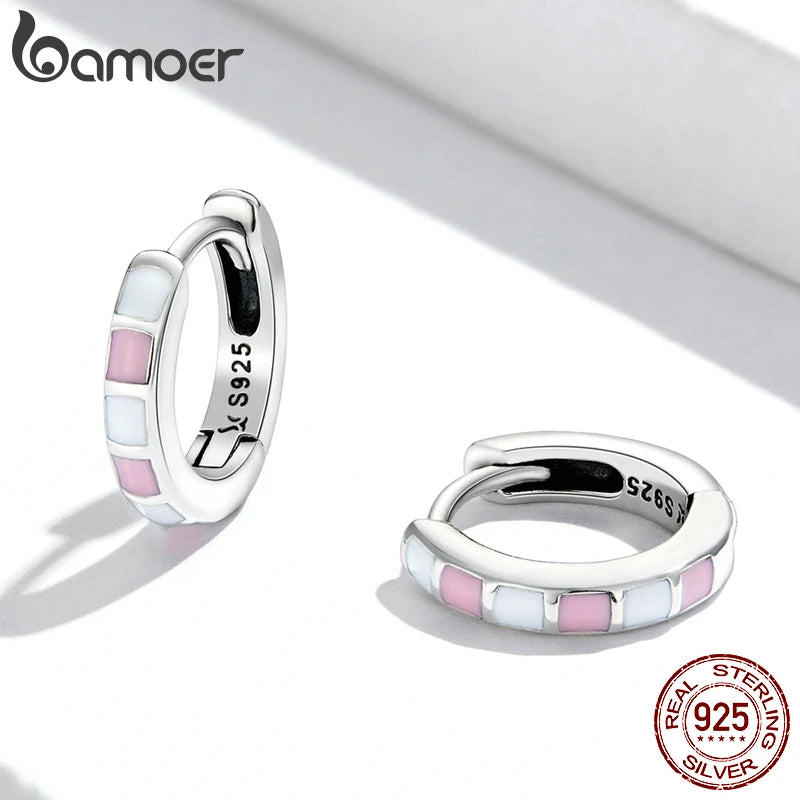 BAMOER 925 Sterling Silver Simple Check Fashion Ear Buckles for Women Light Pink & White Color Hoop Earrings Fine Jewelry Gift