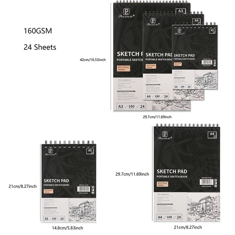 Professional Sketchbook A3/A4/A5 24 Sheets Drawing Pad 160gsm Acid-Free Paper Ideal for Dry Media Perfect for Beginners