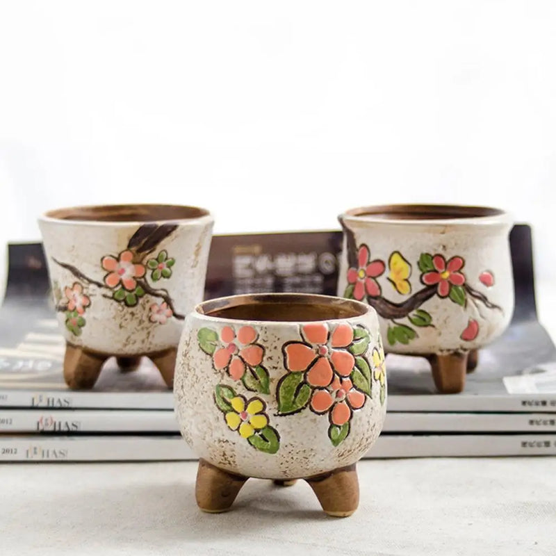 Artificially Carved Ceramic Succulent Flower Pots, Hand-painted Rough Pottery Yanxi Basin Color Succulent Plant Pots In Jingdezh
