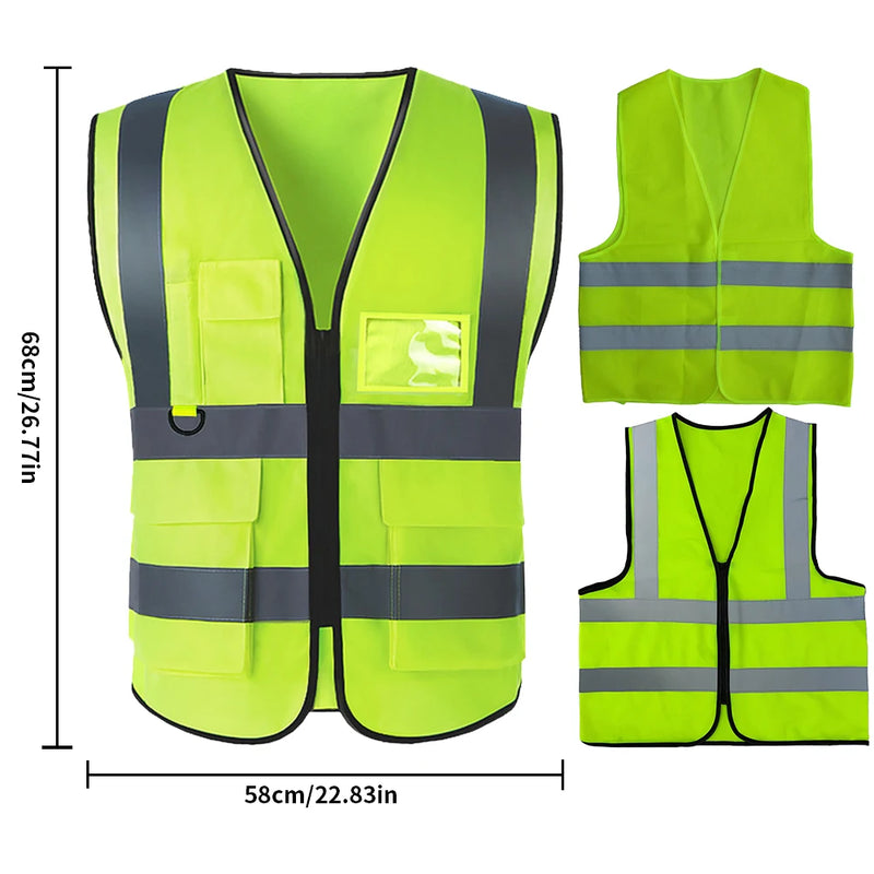 Reflective Safety Vest High Visibility Night Work Security Sleeveless Yellow Vest Construction Workwear Zipper & Pockets Adults