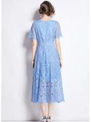 SMTHMA High-End O-Neck Short Sleeve Summer Dress For Women's New Fashion Slim Elegant Runway Lace Long Dresses Vestidos