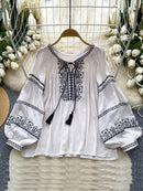Women's Bohemia Blouse Embroidered Autumn Spring O-neck Collar Bow Tie Lantern Sleeve Top Blusas Mujer Female Tops BL020