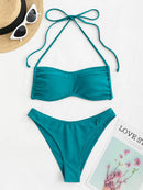 ZAFUL Women's Lace Overlay Halter Tied Cheeky High Leg Brazilian Two Piece Swimwear Bikini Set