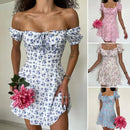 2024 New Summer Casual Off Shoulder Tie Up Floral Print A-Line Dress Sexy Women Short Sleeve Slim Mini Dress for Club Party