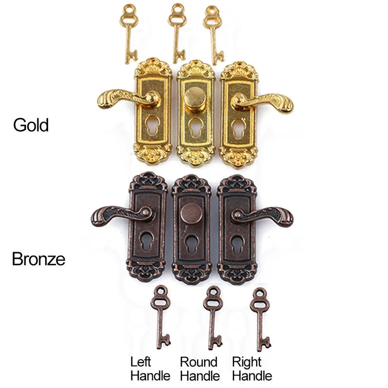 Doll House Retro Style Metal Toy Mini Furniture Pull Dollhouse Lock Key Set Brass Knobs Miniature Door Handles