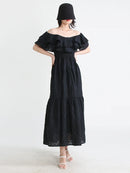 TWOTWINSTYLE Embroidery Elegant Dress For Women Slash Neck Short Sleeve High Waist Cut Out Midi Dresses Female Summer Clothing