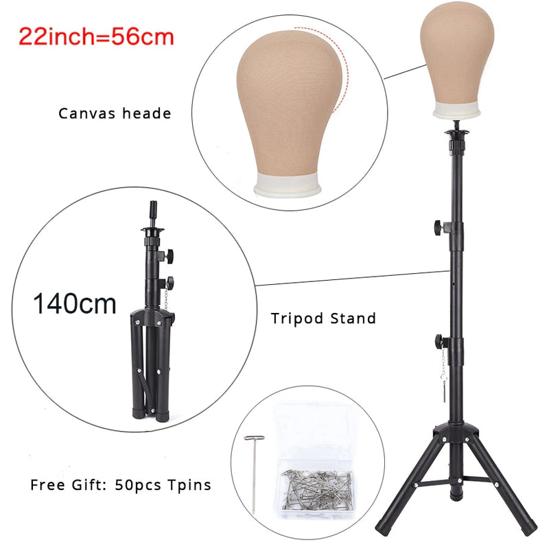 Alileader New 140Cm/64Cm Wig Stand Wig Tripod With Mannequin Canvas Block Head Adjustable Tripod Stand Wig Making kit TPins Gift