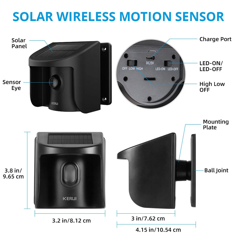 KERUI Wireless Home Alarm Solar Waterproof PIR Motion Sensor Detector Driveway Garage