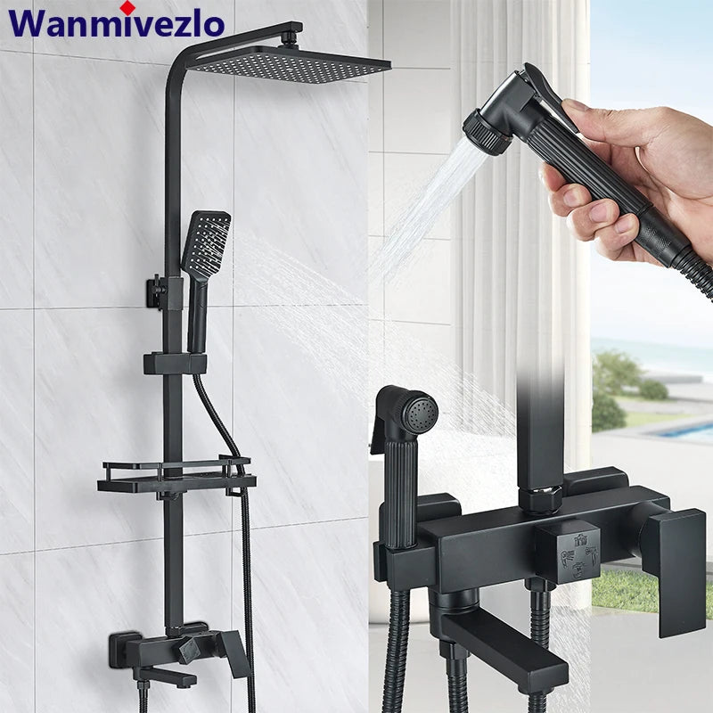 Black/Chrome ABS Shower Faucet Bathroom Shower Mixer Crane Rotatable 15CM Long Spout Rain Shower Set Shower Spray Shower