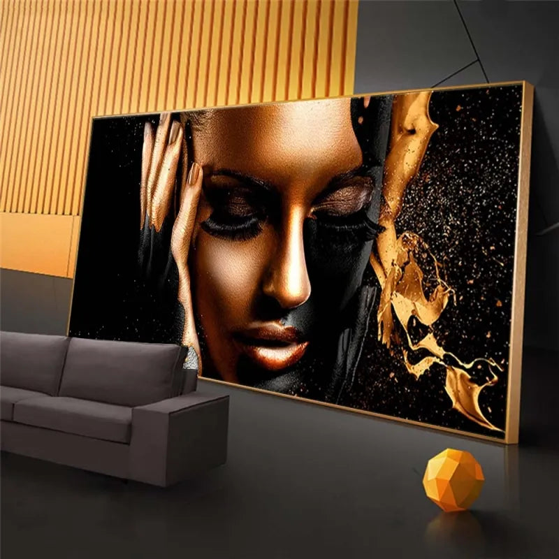 Large Size Black Gold Nude African Woman Oil Painting on Canvas Posters and Prints Modern Art Wall Pictures for Home Living Room