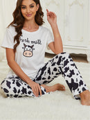 Cow print print pajama set for women simple crewneck pullover short-sleeved top and loose stretch trousers women's loungewear
