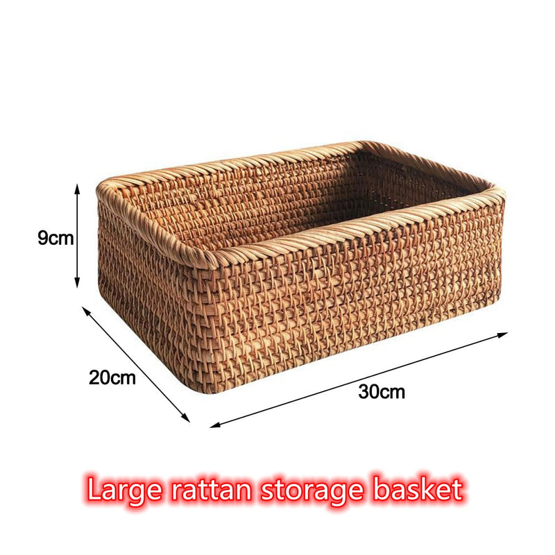 Hand-woven Rattan Wicker Basket Fruit Tea Snack Bread Basket Cosmetic Rectangular Storage Box Household Kitchen Supplies