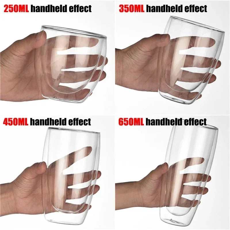 1-6PCS 80-450ML Heat Resistant Double Wall Tea Glass Cup Beer Coffee Handmade Creative Cold Beverage Transparent Drinkware Set