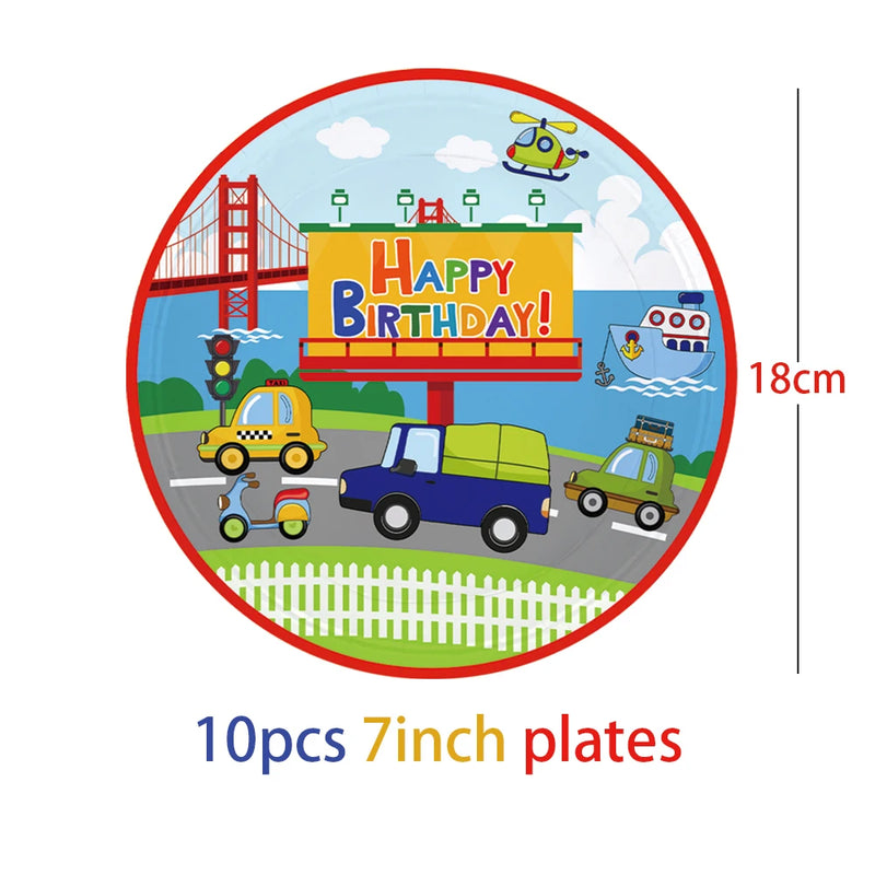 Cartoon Transport Birthday Decorations For Boys Children Disposable Tableware Paper Material Cups Napkins Plates Tablecloth