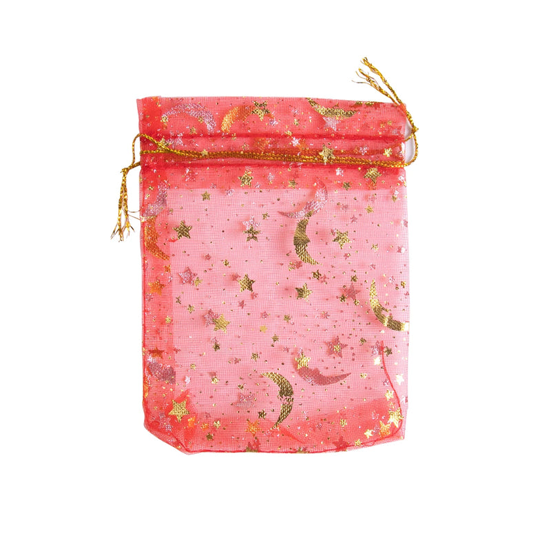 50Pcs Eid Mubarak Decoration Mesh Bag Organza Hot Stamping Silver Star Moon Candy Gift Drawstring Packaging Bag Party Supplies