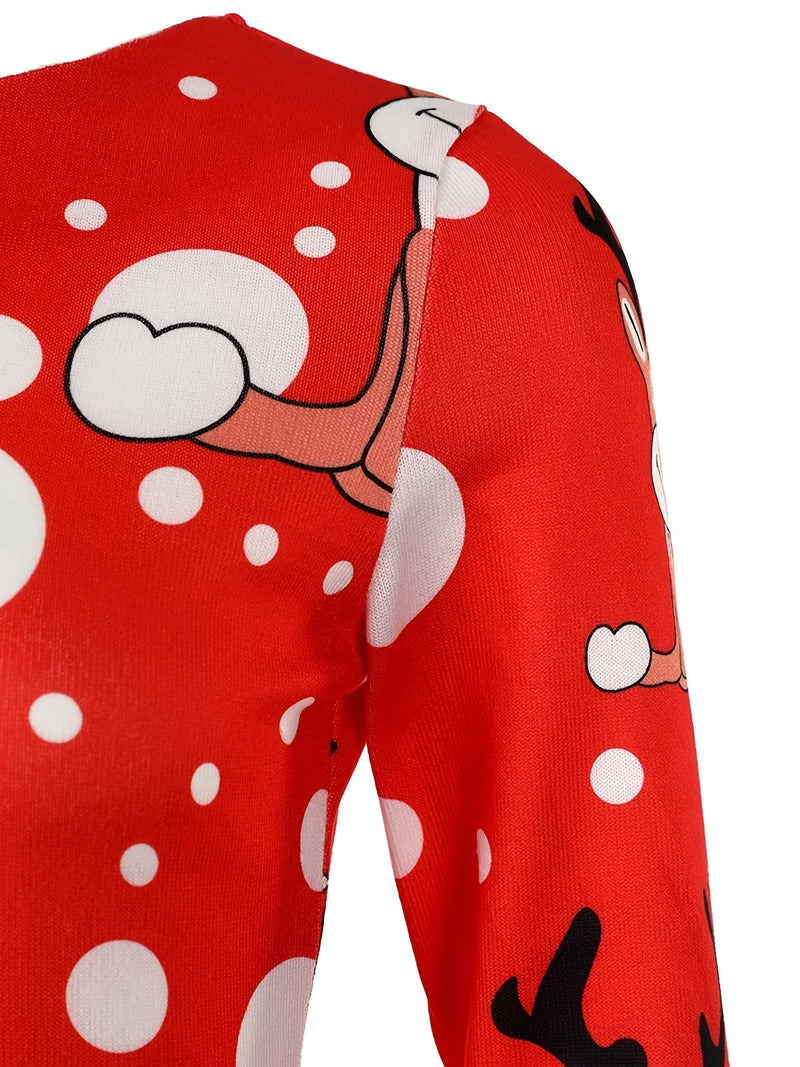 Autumn And Winter Festival New Print Cartoon Pattern Red Dress Knitting High Strecth O-Neck Original Design Christmas PartyDress