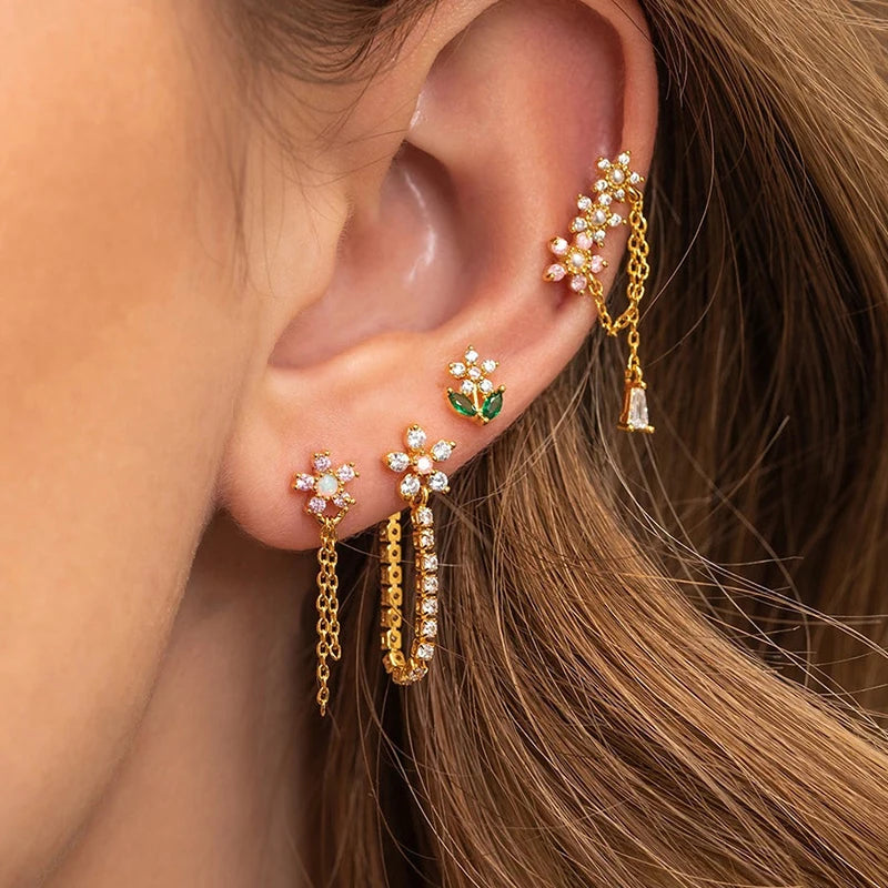 1PC Stainless Steel Zircon Flower Chain Pendant Earrings Korean Long Tassel Piercing Earrings For Women Wedding Jewelry Gift