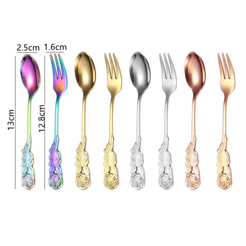 304 Stainless Steel Teaspoon with Rose Flower Handle Mini Tea Coffee Dessert Ice Cream Stirring Spoon Fork Kitchen Utensils