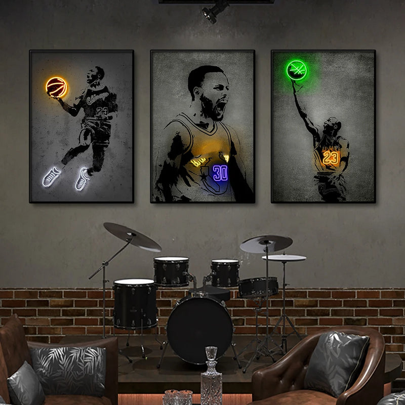 Graffiti Basketball Players Canvas Painting Neon Effect Sports Star Posters Football Wall Art Prints For Room Home Decor Picture