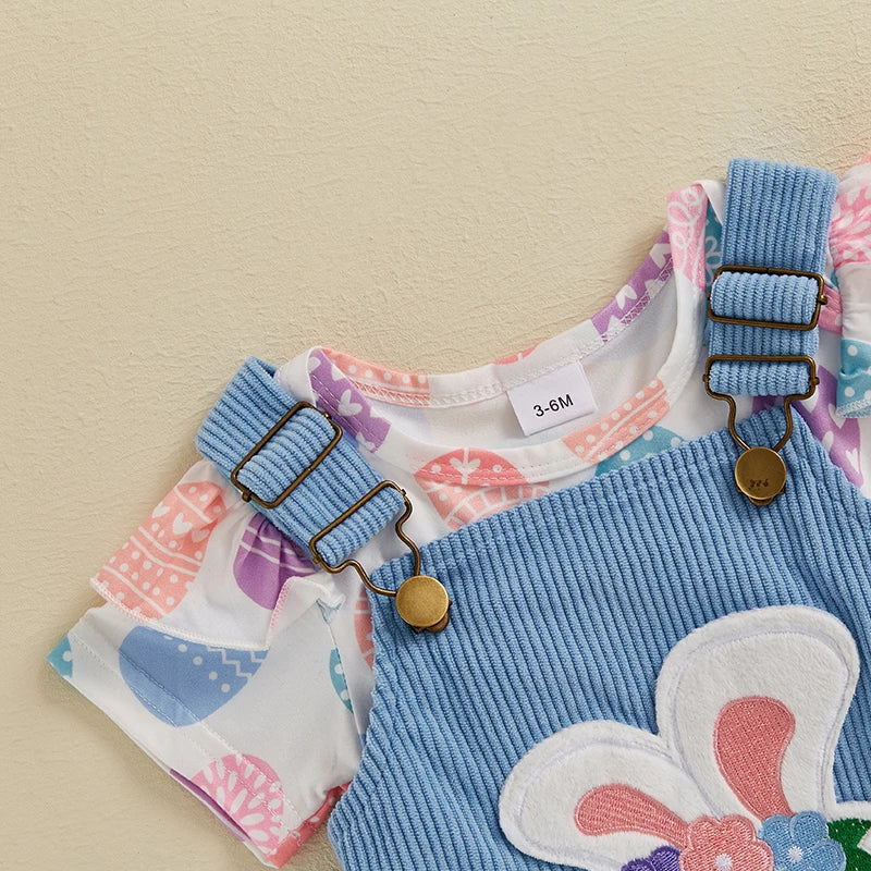 Toddler Girls Floral Print Romper and Ruffle Sleeve Dress Set with Bunny Ear Headband Summer Outfit for Easter