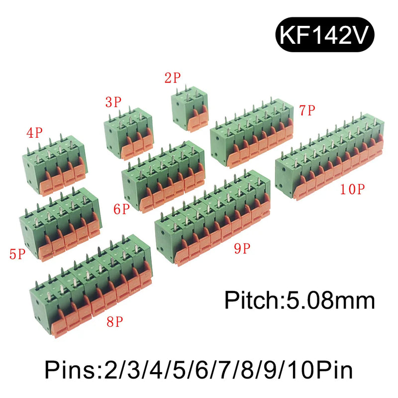 5/10Pcs 5.08mm Pitch KF142V KF142R Push-in Spring Screwless Terminal Block Straight/Bent Foot 2/3/4/5/6/7/8/9/10P PCB Connector