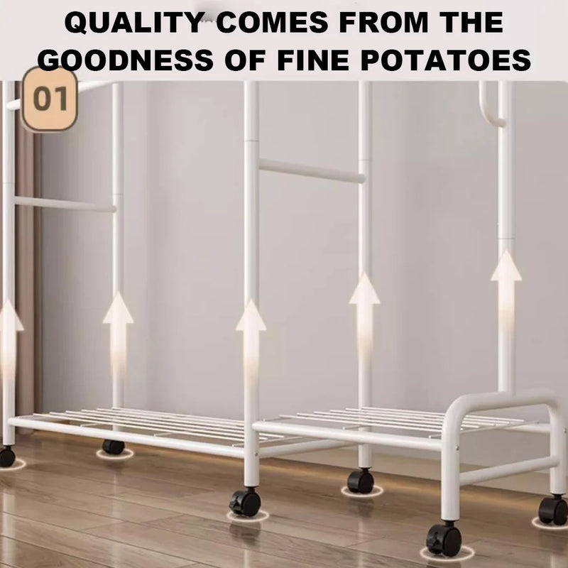 Coat Rack Movable Double Clothes Shelf Clothes Floor-Standing Bedroom Wheeled Floor Hangers Storage Coat Rack Clothes Racks