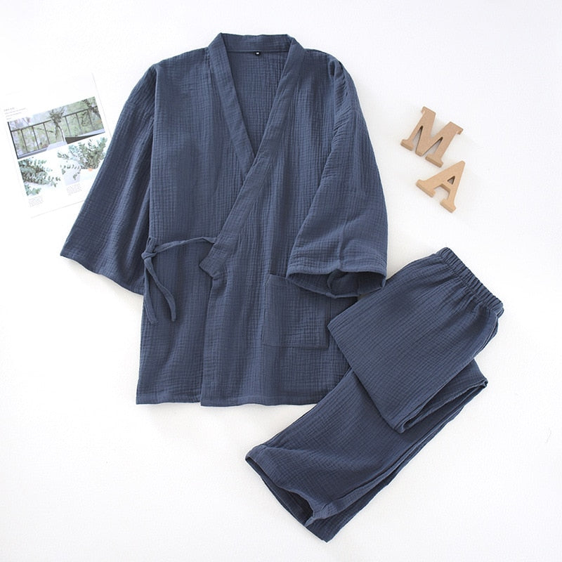 Men and Women 100% Cotton Pajamas Plus Size Loose Bathrobes V-Neck Kimono Pijama Mujer Three Quarter Sleepwear Couple Loungewear