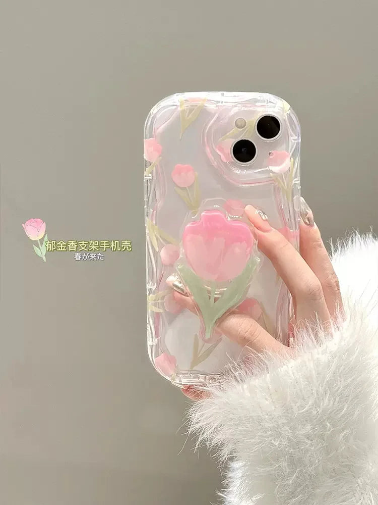 Phone Case For Samsung S22 Ultra S24 S23 Plus S21 S20 FE M54 A35 A05 A15 A04 A04E A14 A24 A34 A54 Tulip Grip Holder Wave Cover