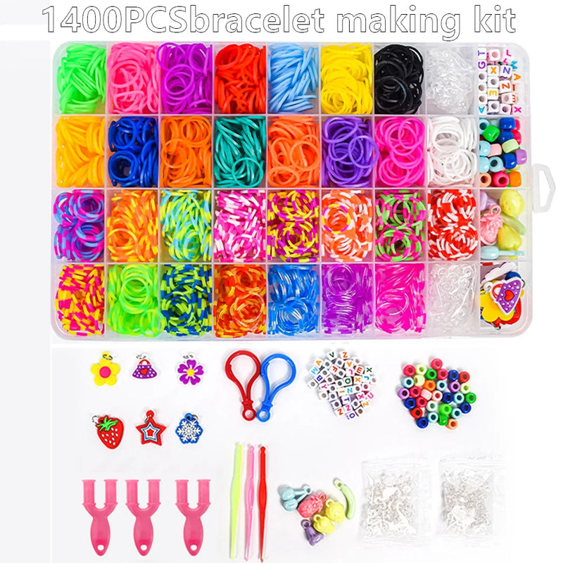 1400PCS Colorful Loom Bands Set DIY Rainbow Bracelet Making Kit Creative Elastic Bands for Weaving Toys For Girls Birthday Gifts