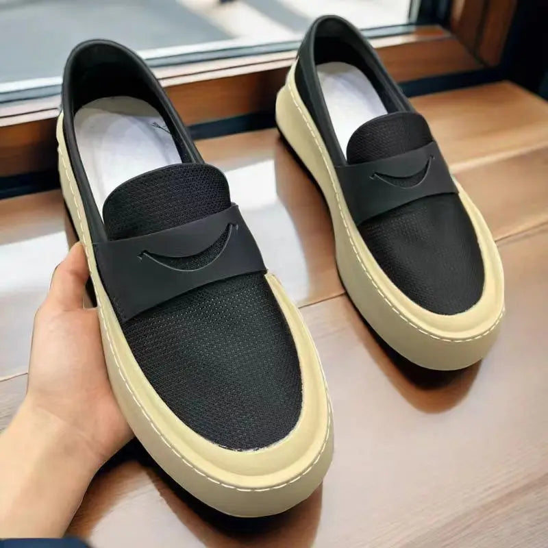 HKDQ 2024 Summer Black Loafers Men Breathable Mesh Platform Urban Man Sneakers Fashion Comfortable Slip-on Men's Casual Shoes