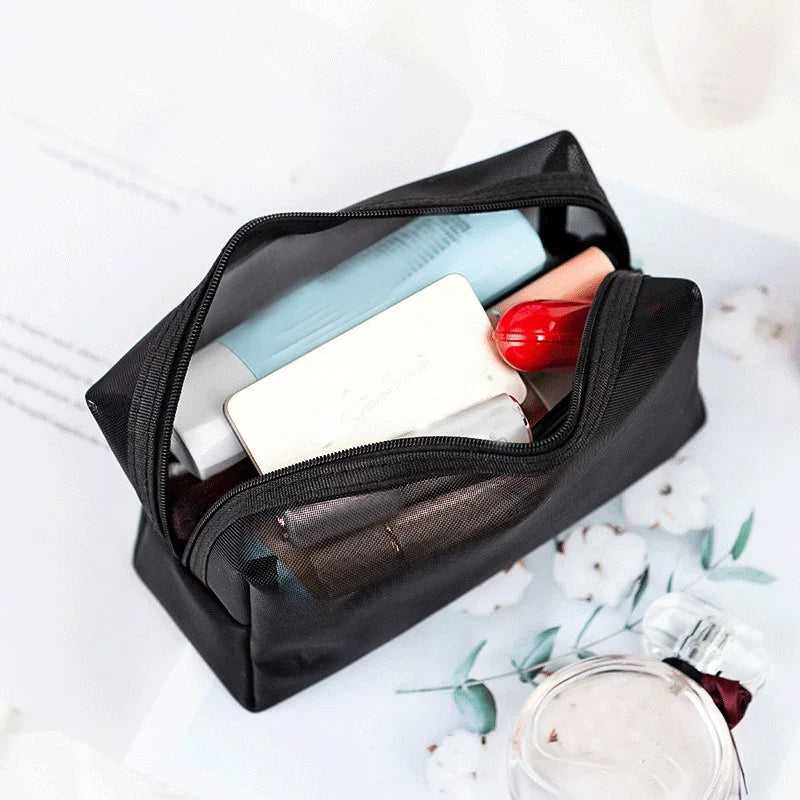 1pcs Black Mesh Cosmetic Bag Women Travel Casual Zipper Make Up Makeup Case Organizer Storage Pouch Toiletry Beauty Wash  Bags