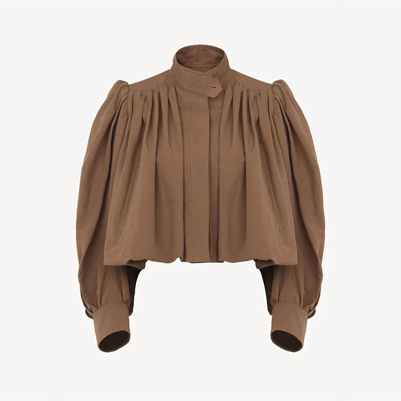 Fashion Stand Collar Short Jacket Women Long Puff Sleeve Single-breasted Pleated Women's Coat 2025 Autumn Lady Outwears Street