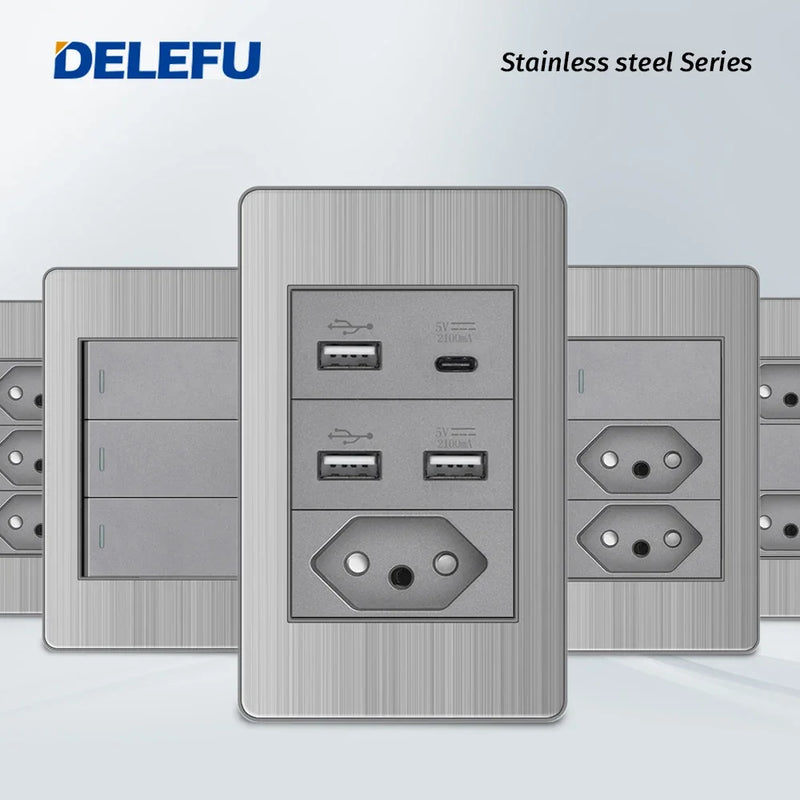 DELEFU Grey Stainless Steel Panel Brazil Standard Outlet Double USB Type C Wall Power Socket Light Switch Office 4*2 10A 20A