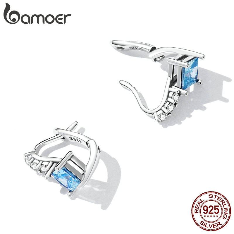 Bamoer 925 Sterling Silver Delicate Blue Zirconium Ear Clip for Women Fine Earrings Bridal Engagement Wedding Jewelry Gift