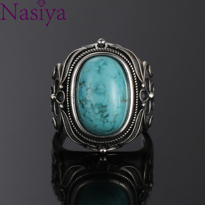 Natural Turquoise Ring Lady Silver Jewelry Retro Party Ring 11X17MM Large Ellipse Gem Gift Wholesale