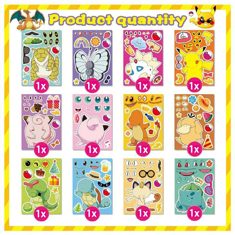 6/12Sheets Pokemon Children Puzzle Anime Stickers Make-a-Face Assemble Funny Cartoon Decal Assemble Jigsaw Children Boy Toy Gift