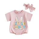 Adorable Toddler Easter Bunny Romper Set with Matching Headband - Cute Short Sleeve Letter Print Jumpsuit for Baby Girl